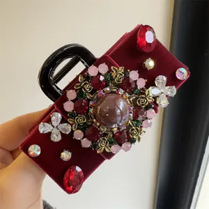 Barock Luxus Samt Schleife Haarkralle Vintage Strass Künstliche Perle Blumen Haarklammer Große Haarklemme Kopfschmuck Für Damen