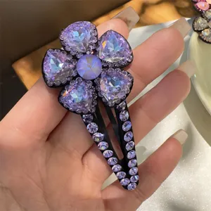 Pince à cheveux fleur cristal violet strass brillant barrette clip mignonne femme