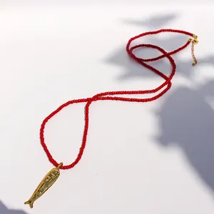 Chic gold fish pendant red beaded long necklace for women vacation jewelry style fashion chic