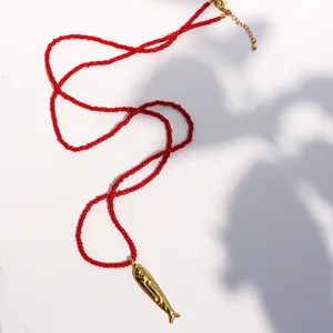Gold fish pendant red seed bead long necklace for women vacation beach style jewelry accessory