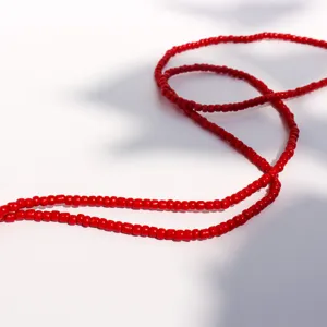 Minimalist red seed beads long necklace strand for women fashion vacation daily wear style.