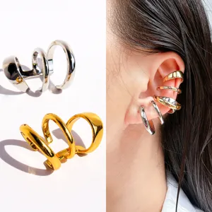 Multi-layer spiral C-shaped metal ear cuff set, gold and silver unisex non-pierced earrings.