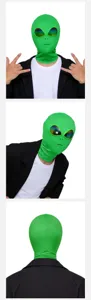 Green alien full face mask detail view, elastic cosplay costume prop for Halloween party events.