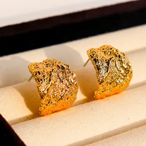 Vintage Messing Verguld C-Vormig Oorringen Met 925 Sterling Zilver Stift Onregelmatige Gesmolten Lava Textuur Gecrinkeld Dikke Oorbellen Voor Vrouwen Sieraden
