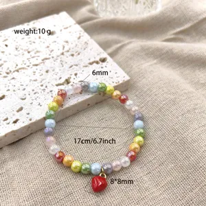 Kleurrijke dopamine kralen armband met rode hart hanger, zoete stijl mode sieraden