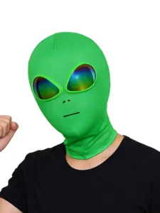 Green alien mask with rainbow lenses, elastic full face cover for Halloween cosplay party.