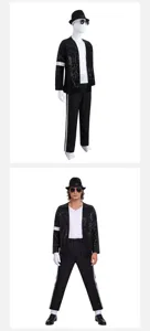 Costume de Cosplay à Sequins de Michael Jackson Tenue de Danse Noire avec Chapeau et Access
