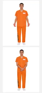 Adult orange prisoner costume for Halloween cosplay, funny jail uniform jumpsuit outfit.