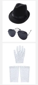 Ensemble de costume Michael Jackson avec chapeau Fedora noir, lunettes et gants étincelants.