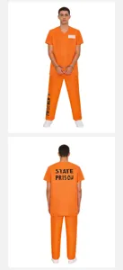 Orange adult prisoner cosplay costume set for Halloween, includes top, pants and handcuffs.