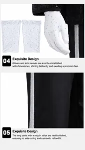 Vue détaillée des gants blancs en strass et du pantalon de spectacle à sequins noirs.
