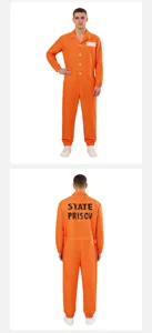 Orange prison jumpsuit costume for adult cosplay, featuring back print and long sleeves.