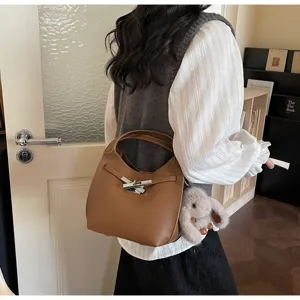 Classic brown leather shoulder bag women chic commute handbag with cute bunny plush pendant