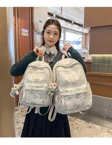 Zaino scolastico con stampa a stelle e ciondolo orsetto per ragazze leggero e comodo casual