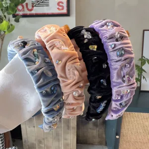 Diademas de terciopelo hechas a mano con cristales, cintas anchas plisadas de lujo, 4 colores.