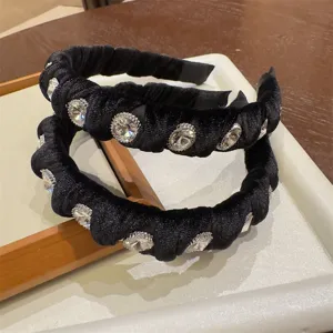 Black velvet rhinestone headband, elegant Hepburn style hair accessory for women today.