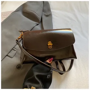 Korean chic minimalist glossy brown leather women shoulder crossbody square bag new style