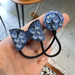 Blue rhinestone bow and ball hair tie set, sparkly crystal hair accessories for women and girls.
