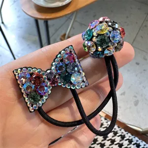 Sparkling rhinestone bow and ball hair ties, fashionable elastic hair ropes for daily styling.