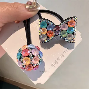 Colorful rhinestone bow and ball hair ties set, sparkling crystal pony tail holder.