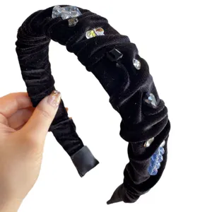 Diadema de terciopelo negro con cristales, tocado vintage con pedrería para mujer.