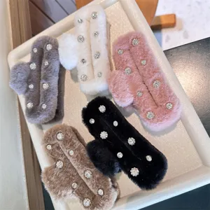 Plush rhinestone hair claw clips set, soft winter fluffy square shark clips for women styling.