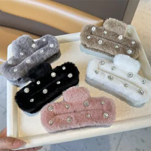 Plush rhinestone hair claw clip set, elegant square shark clip for thick hair style.
