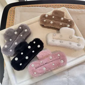 Plush square hair claw clip with rhinestones, stylish fluffy hair accessory set.