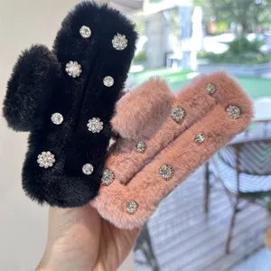 Plush rhinestone hair claw clip, fluffy winter shark clip for thick hair styling.