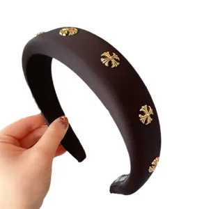 Black wide headband with gold cross charms, elegant velvet hair hoop fashion hair accessories for women