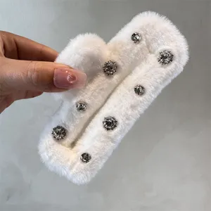 White plush rhinestone hair claw clip, fluffy winter hair catch, elegant French lazy updo accessory