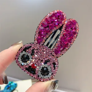 Dulce Pinza para el Pelo de Conejo con Diamantes de Imitación Brillantes de Aleación Lindos Accesorios para el Cabello con Clip BB con Patrón de Animales Hechos a Mano para Mujeres Casual Diario