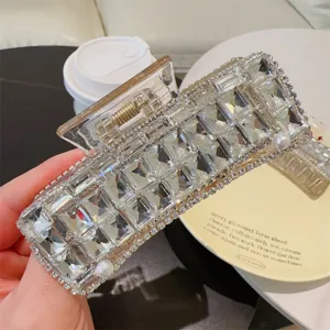 Koreanische Mode Glänzende Strass Haarkralle Luxus Künstliche Perle Eingesetzt Große Geometrische Rechteck Hai Klammer Damen Elegante Haarschmuck