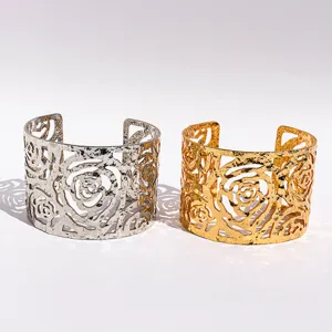 Exaggerated Brass Textured Floral Cuff Open Bangle Statement Hollow Rose Pattern Wrinkled Hollow Flower Wide Bracelet For Women