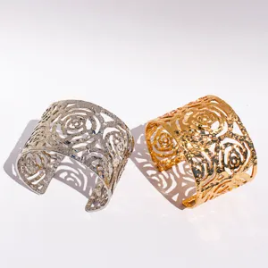 Wide open cuff bracelets with 3D hollow floral design and vintage wrinkled texture fashion jewelry.