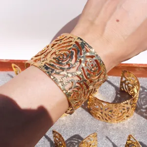 Gold wide open cuff bracelet with hollow floral 3d rose design statement wrist jewelry chic