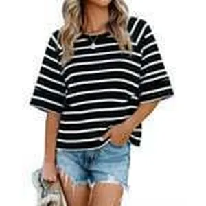 Black and white striped casual loose short sleeve top for women summer fashion basic t-shirt