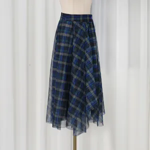 Blue plaid mesh midi skirt detail, high waist tulle flare design, elegant summer apparel.