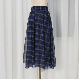 Blue plaid high waist mesh skirt, elegant summer women's tulle fluffy midi skirt.