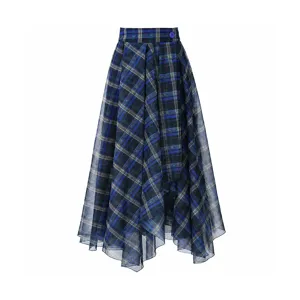 Blue plaid mesh skirt detail, high waist design with asymmetric hem and elegant button accent.