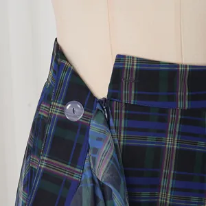 Blue plaid mesh midi skirt high waist pleated tiered casual summer women clothing apparel