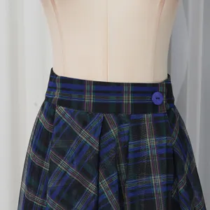 Blue plaid mesh midi skirt detail, high waist design with button and pleated tulle fabric.