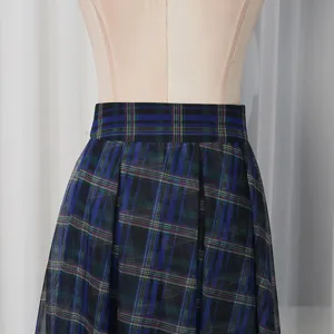 Blue plaid high waist mesh midi skirt detail, elegant summer pleated fluffy skirt women