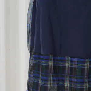 Blue plaid mesh skirt women summer high waist fashion casual elegant patchwork long skirt