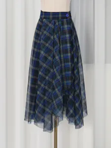 Blue plaid high-waisted mesh midi skirt featuring an asymmetrical hem for women stylish wear.