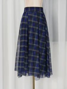 Blue plaid high-waisted mesh midi skirt, elegant A-line flared tulle skirt for women summer.