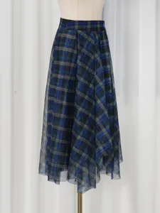 Blue plaid high waist mesh midi skirt for women summer fashion casual fluffy pleated skirts