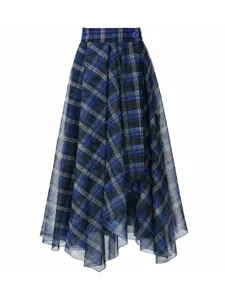 Blue plaid high waist mesh midi skirt for women, elegant asymmetrical tiered ruffle design.