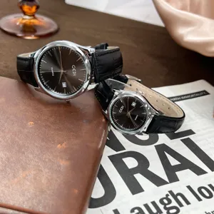 GEDI couple quartz watch with black genuine leather strap and calendar display for daily wear