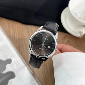 Minimalist genuine leather quartz watch with calendar, elegant fashion waterproof wristwatch.